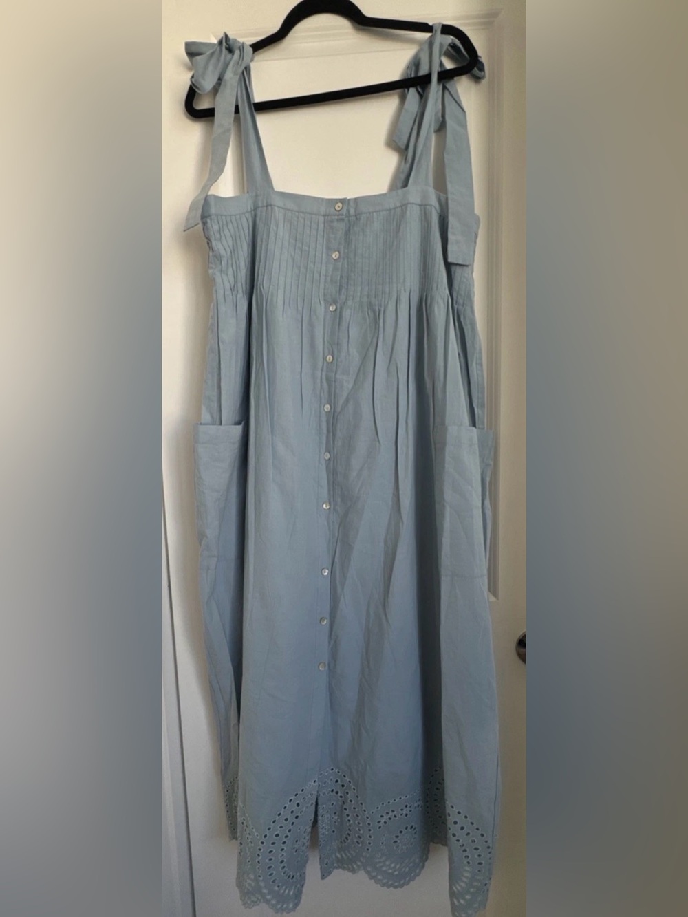 HATCH Maternity Size 3 L Blue Eyelet Hem Tie Shoulder Button Front Midi Dress